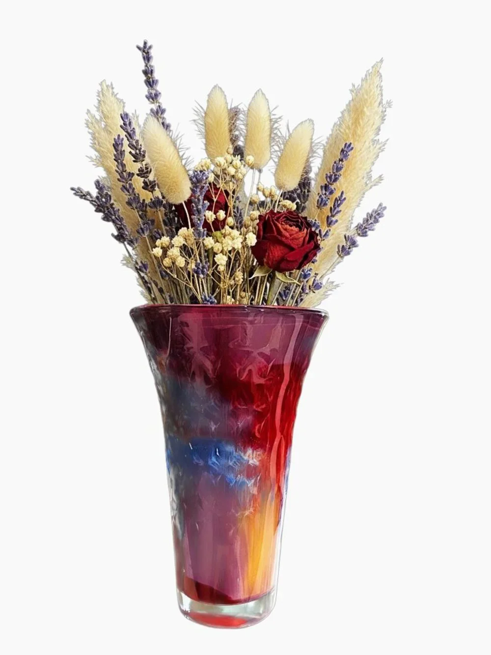 Hand-Painted Acrylic Pour Vase, Red Blue Gold Abstract Art Home Décor